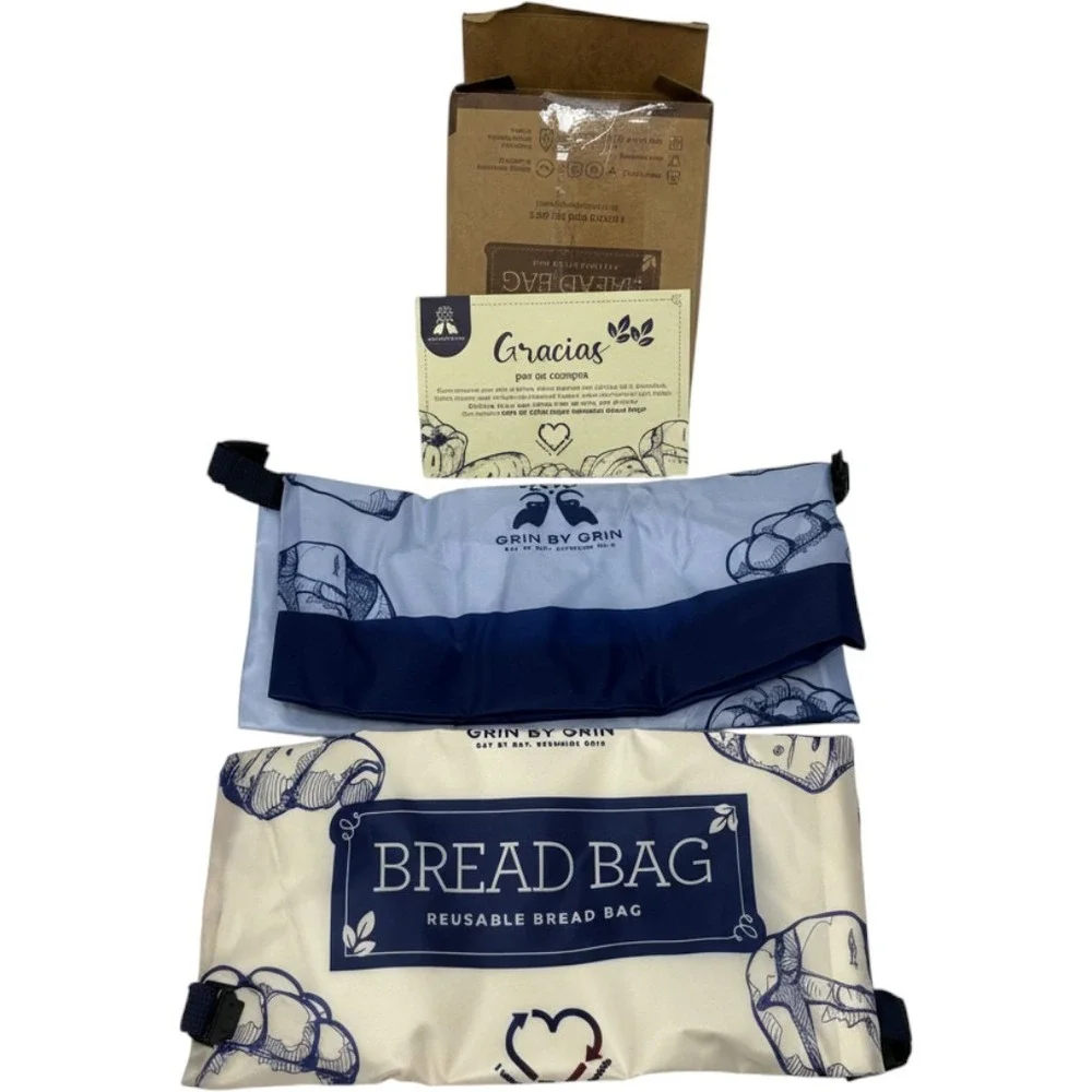 Grin by Grin Reusable Bread Bag 2 Pack Recycled Fabric Food Storage Blue Cream